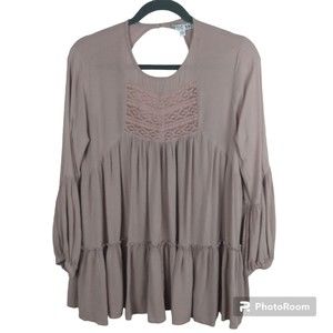 Attic Salt Womens long sleeve boho crochet pleated pink tunic blouse Medium